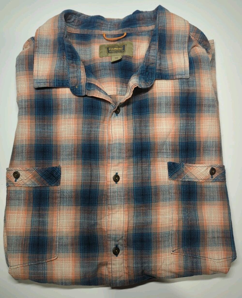 FOUNDRY SUPPLY CO Men's 3XL Orange Blue Plaid Short Sleeve Button Down Shirt